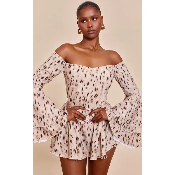 Brown Abstract Print Bardot Flare Sleeve Romper