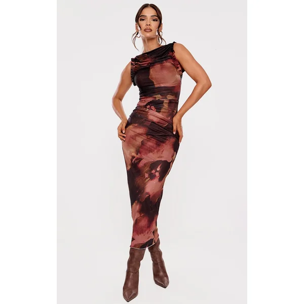 Brown Abstract Print Mesh Racer Neck Maxi Dress