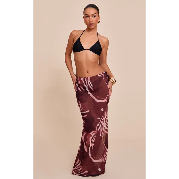Brown Abstract Print Sheer Low Rise Maxi Skirt