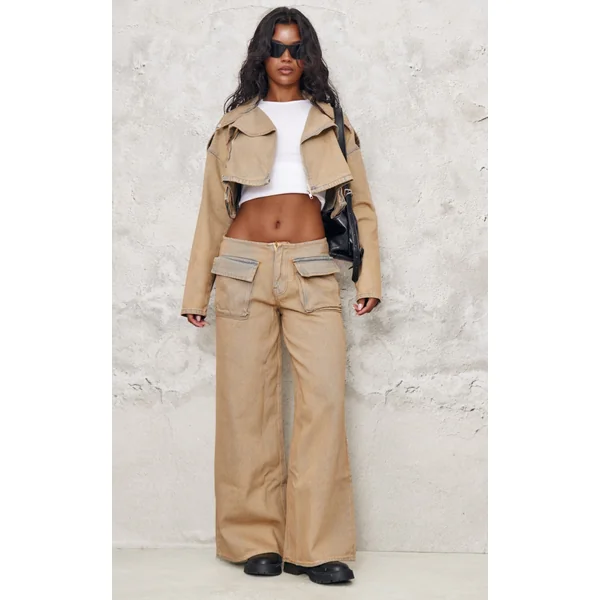 Brown Acid Wash Pocket Detail Frayed Hem Wide Leg Jean