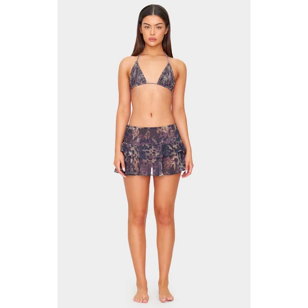 Brown Animal Print Chiffon Ruffle Mini Beach Skirt