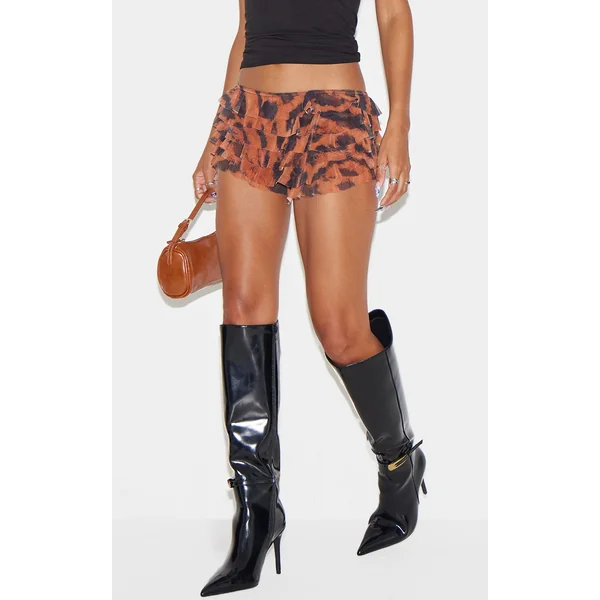 Brown Animal Printed Mesh Frilly Low Rise Bloomer Shorts