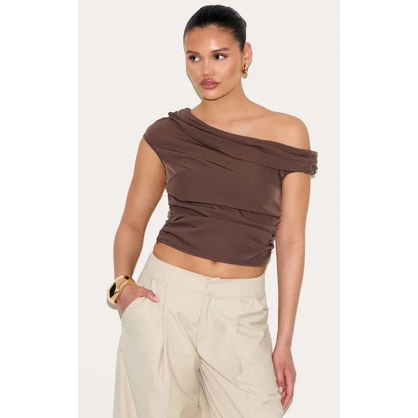 Brown Asymmetric Ruched Top