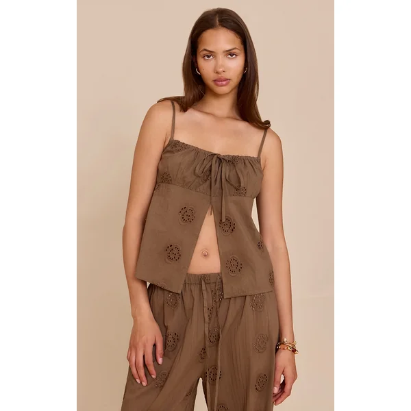 Brown Broderie Swirl Detail Floaty Top