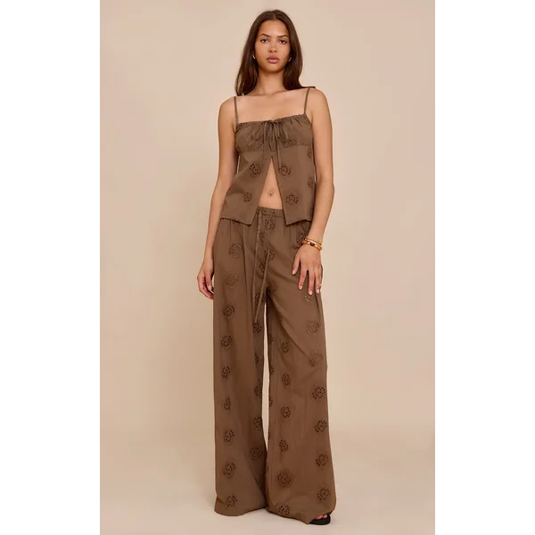 Brown Broderie Swirl Detail Straight Leg Pants