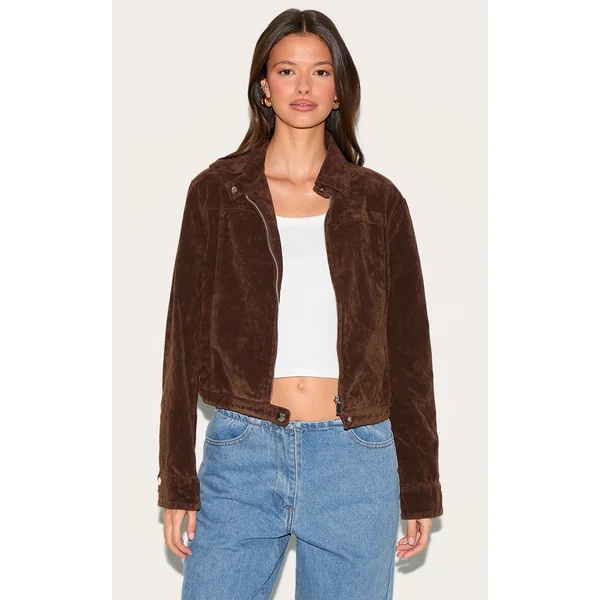 Brown Brushed Faux Suede Seam Detail Jacket