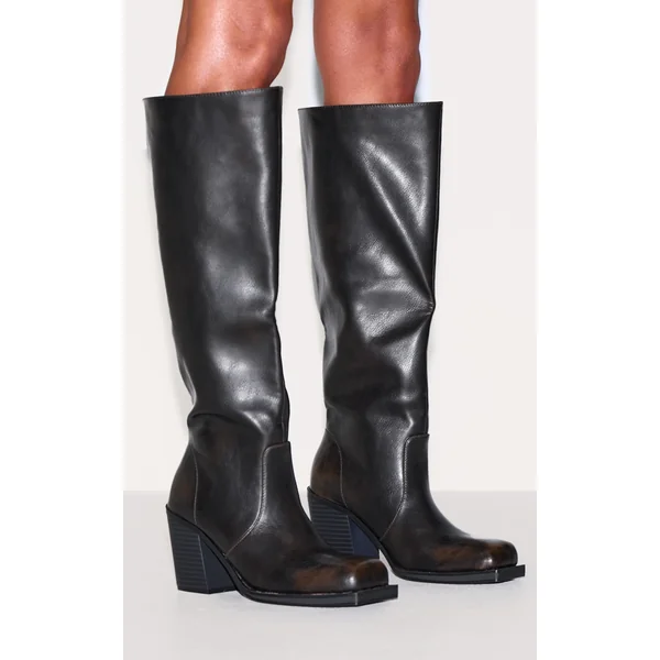 Brown Burnish Pu Square Toe High Block Heel Knee High Boots