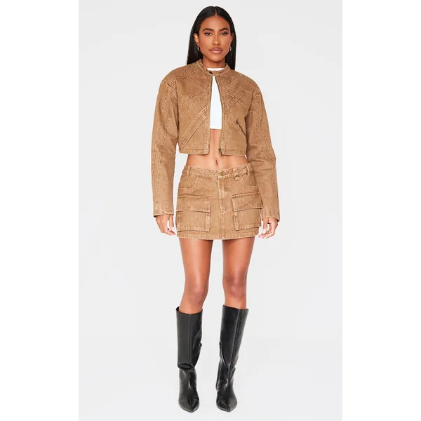 Brown Cargo Pocket Detail Denim Mini Skirt