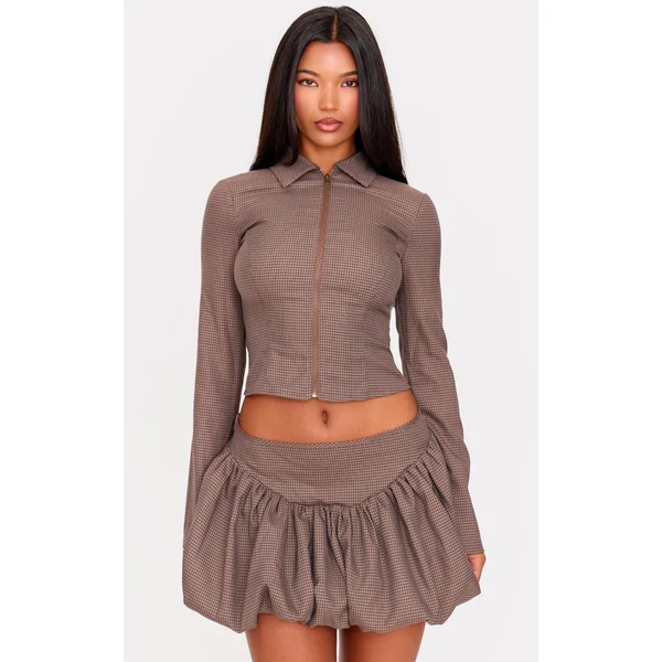 Brown Check Collared Zip Up Shirt