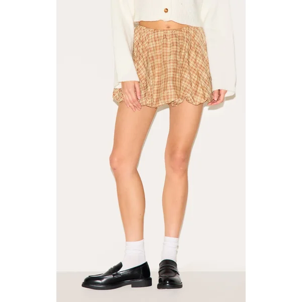 Brown Check Print Puffball Skirt