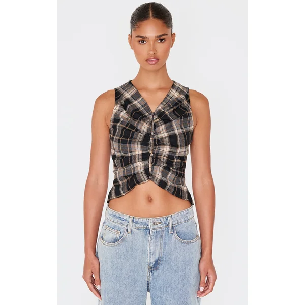 Brown Check Ruched Front Long Top