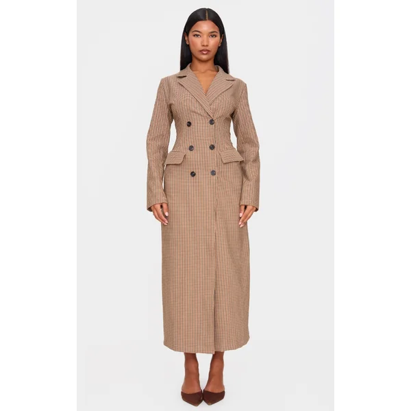 Brown Check Woven Blazer Maxi Dress