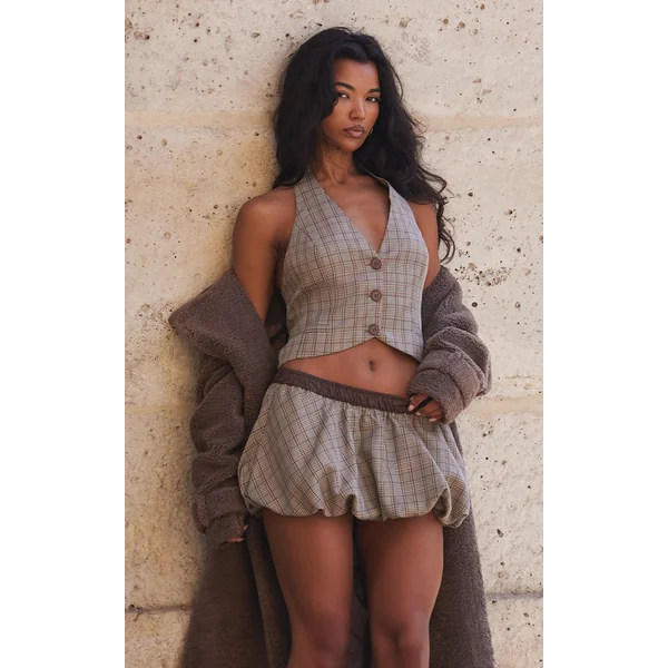 Brown Check Woven Tailored Halterneck Vest