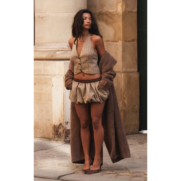 Brown Check Woven Tailored Puff Ball Waistband Skirt