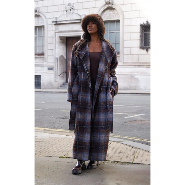 Brown Checkered Brushed Wool Look Tie Waist Coat