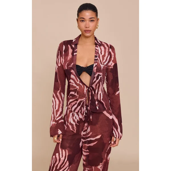 Brown Chiffon Abstract Print Long Sleeve Tie Front Shirt