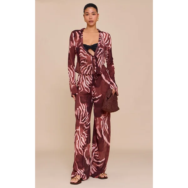 Brown Chiffon Abstract Print Wide Leg Pants