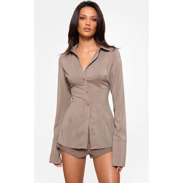 Brown Chiffon Fitted Shirt