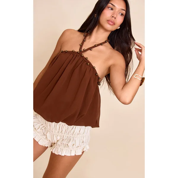 Brown Chiffon Plait Bubble Hem Top