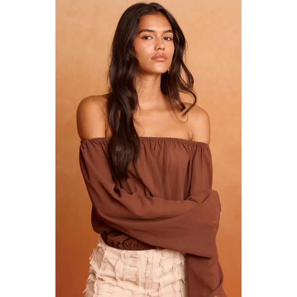Brown Chiffon Ruched Bardot Blouse