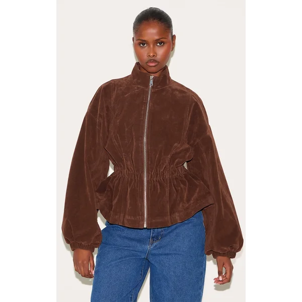 Brown Cinched Waist Faux Suede Jacket