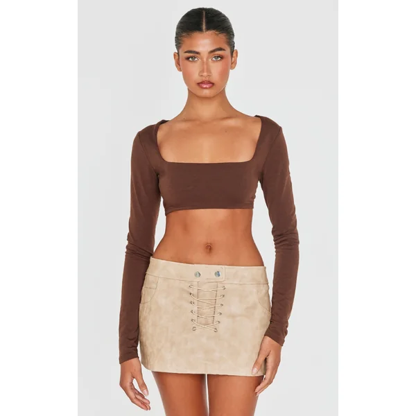 Brown Contour Jersey Square Neck Crop Top