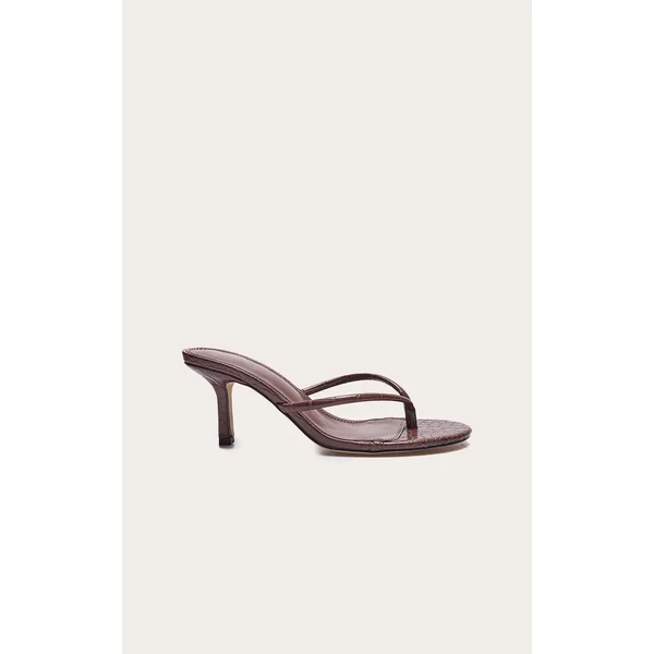 Brown Croc Pu Round Toe Thong Mid Heeled Mules