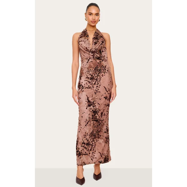 Brown Devore Cowl Neck Maxi Dress