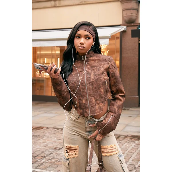 Brown Distressed Faux Leather Star Embroidery Biker Jacket