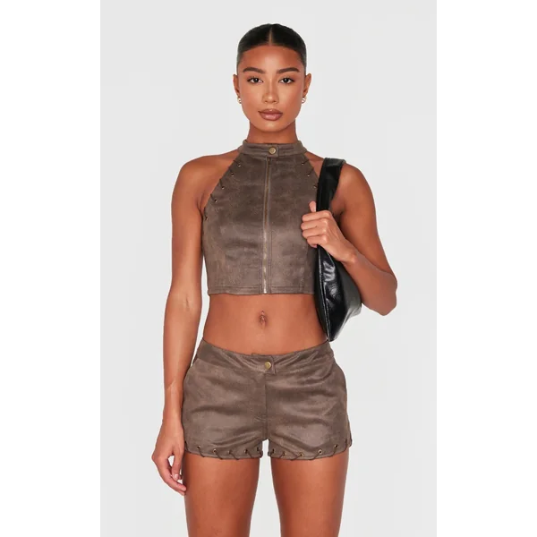 Brown Distressed Faux Suede Eyelet Zip Up Top