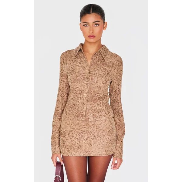 Brown Distressed Faux Suede Fitted Shirt