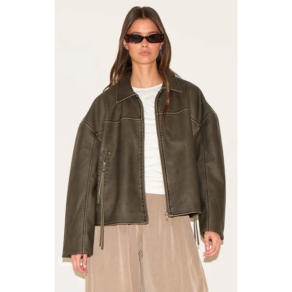 Brown Distressed Look Zip Boxy Trim Detail Biker Jacket