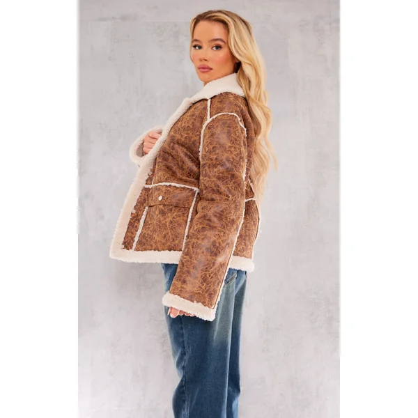 Brown Distressed Pu Borg Detail Collared Jacket