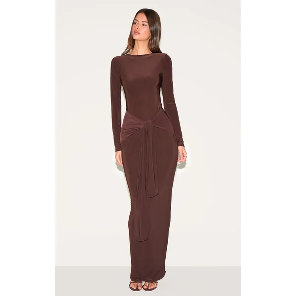 Brown Double Layer Soft Touch Wrap Maxi Dress
