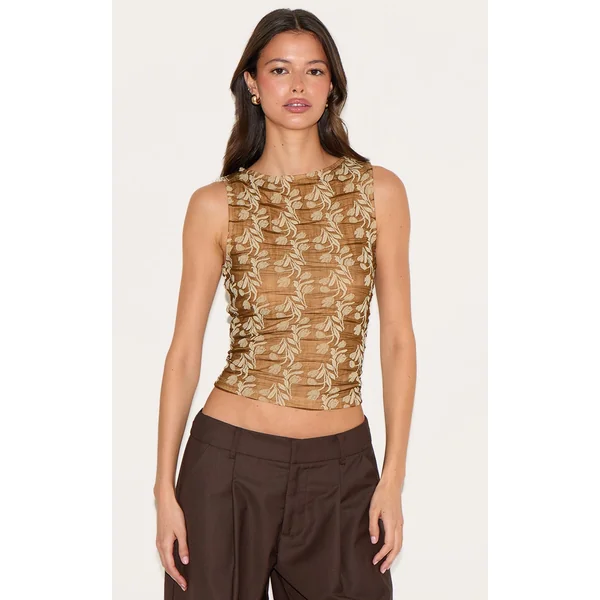 Brown Embroidered Chiffon Textured Racer