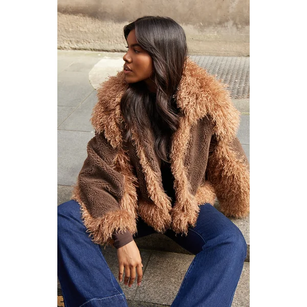 Brown Faux Fur Contrast Teddy Aviator Jacket