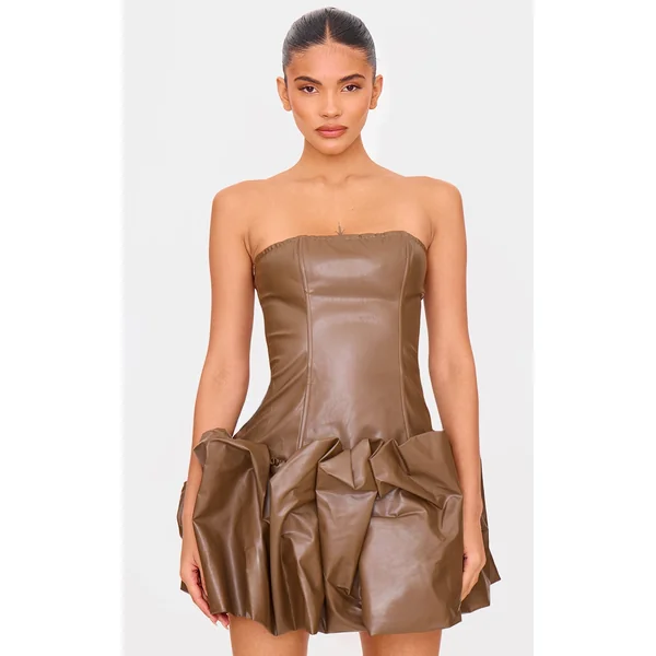 Brown Faux Leather Bandeau Puffball Mini Dress