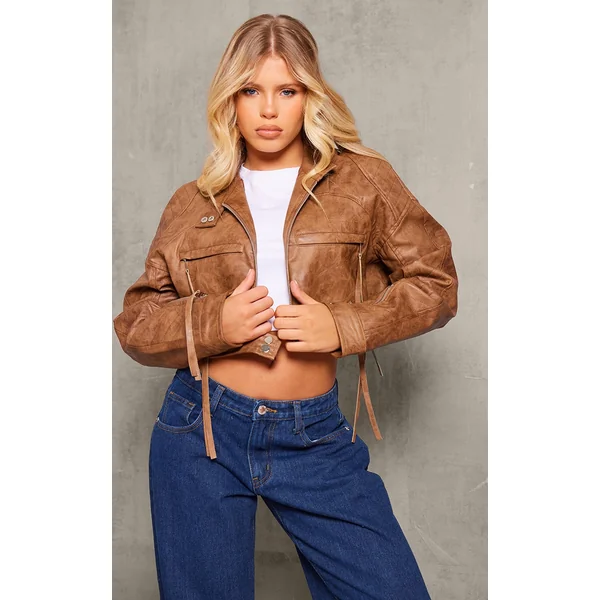 Brown Faux Leather Distressed Cropped Biker Jacket