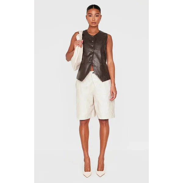 Brown Faux Leather Long Line Button Up Vest