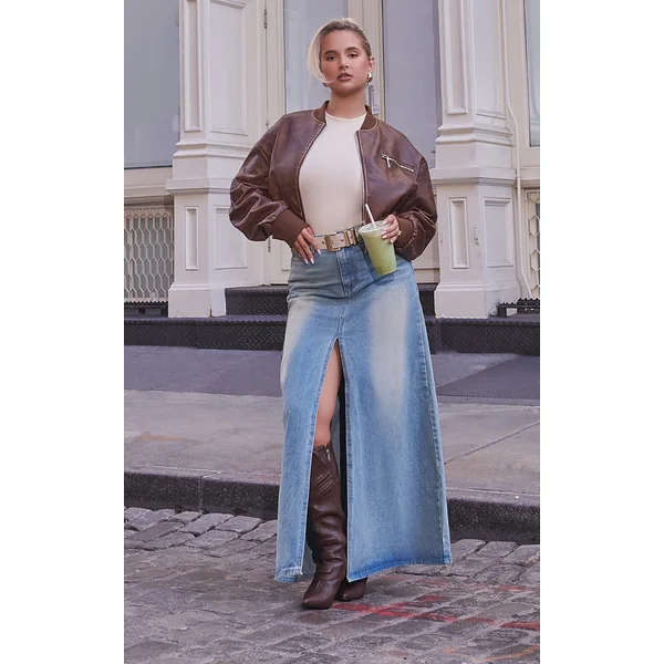 Brown Faux Leather Mottled Texture Zip Detail Bomber Jacket