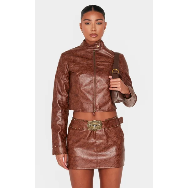 Brown Faux Leather Tie Detail Studded Biker Jacket