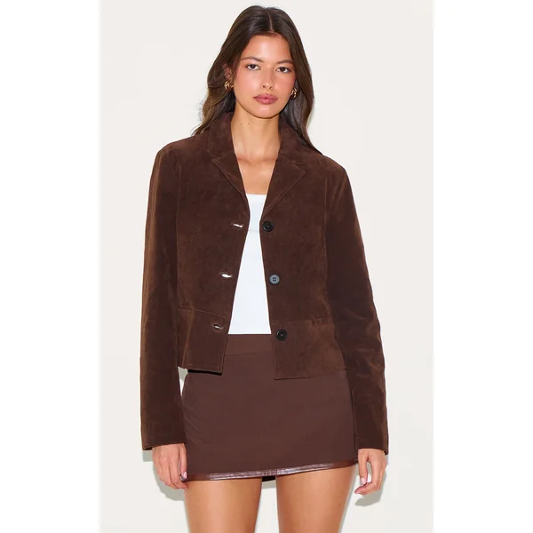 Brown Faux Suede Cropped Blazer
