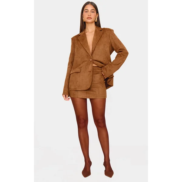 Brown Faux Suede Tailored Mini Skirt