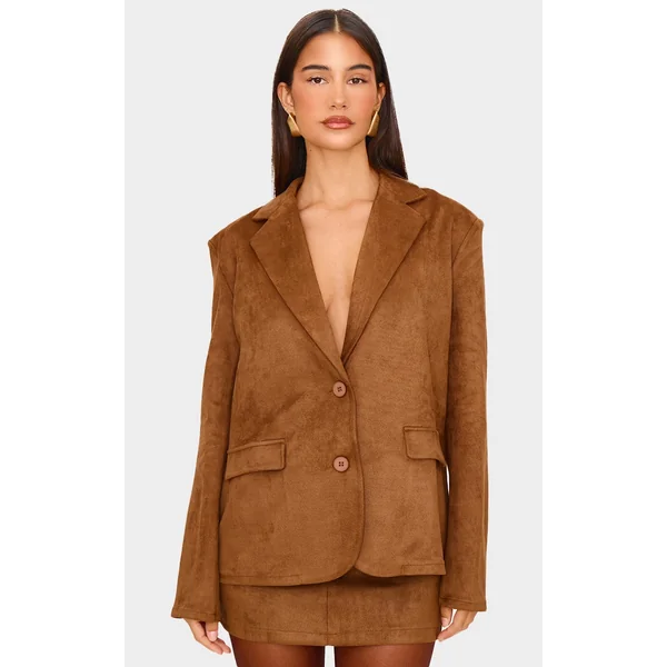 Brown Faux Suede Tailored Oversized Blazer