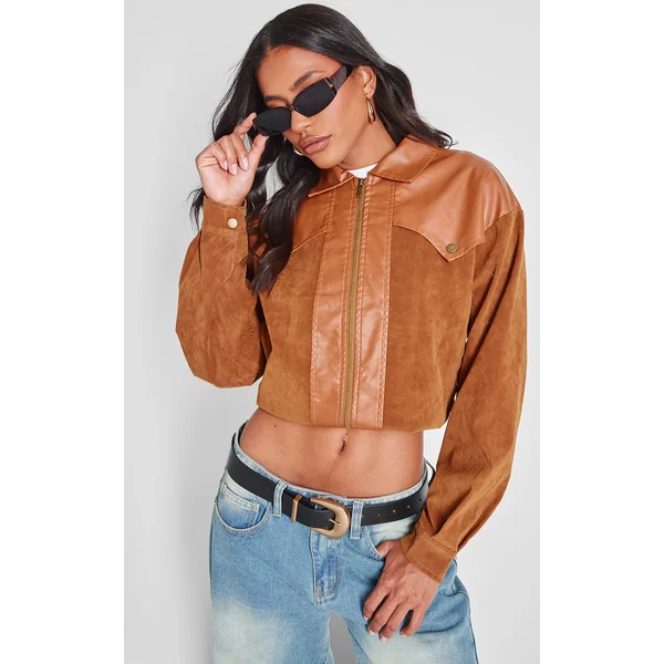 Brown Faux Suede Western Panel Detail Oversized Jacket