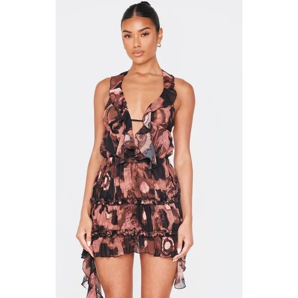Brown Floral Abstract Printed Chiffon Frill Bodycon Dress