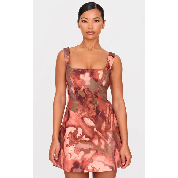 Brown Floral Corset A Line Shift Dress