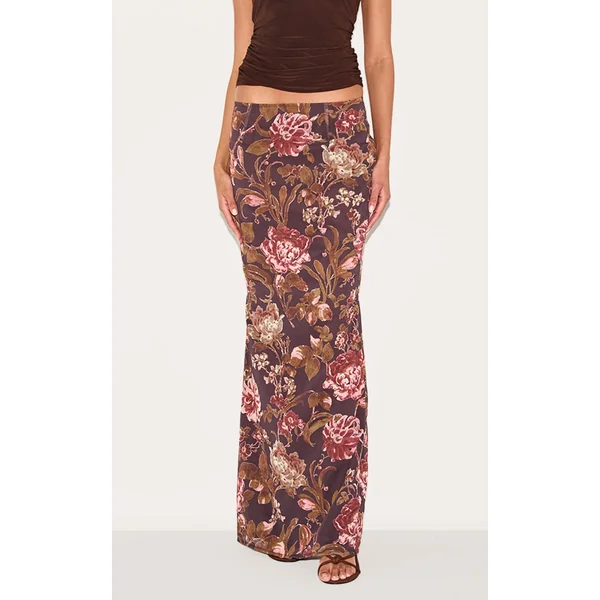 Brown Floral Print Chiffon Maxi Skirt