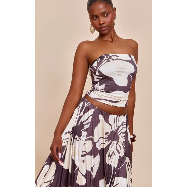 Brown Floral Print Double Layer Slinky Bandeau Top