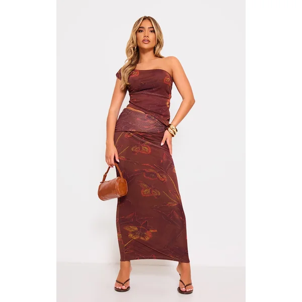Brown Floral Print Low Rise Maxi Skirt